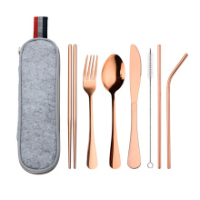 8PCS Stainless Steel Dinnerware Set Reusable Knife Fork Spoon Chopstick Cutlery Set Travel Outdoor Picnic Portable Tableware Bag