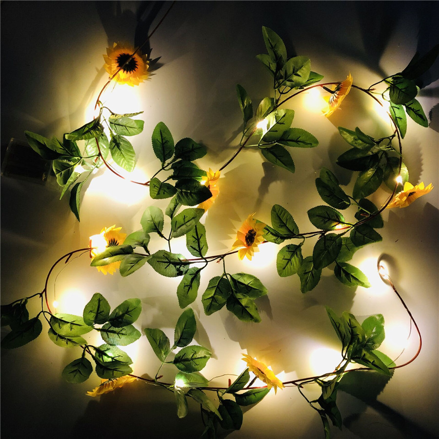 Battery Operated Sunflower Vine LED String Lights 2M 20leds Green Leaf Garland Wedding Valentine's Day Christmas Decor lamp