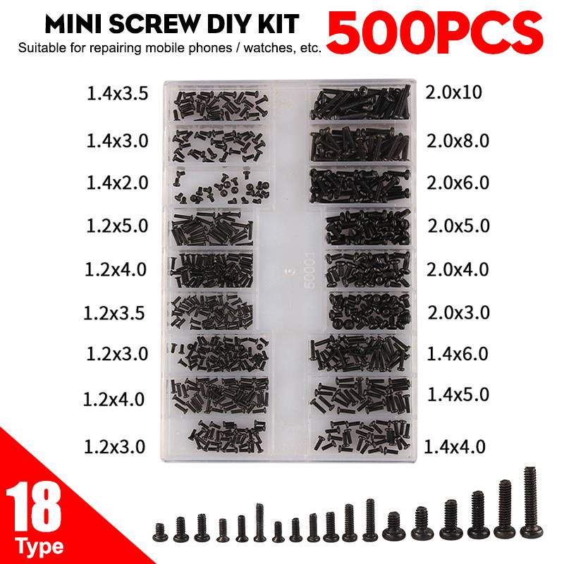 500Pcs 18 Types Mini Screw Flat Head Phillips Screws Laptop Notebook Screws DIY Set Kit for Computer Mobile Phone Watches Screws