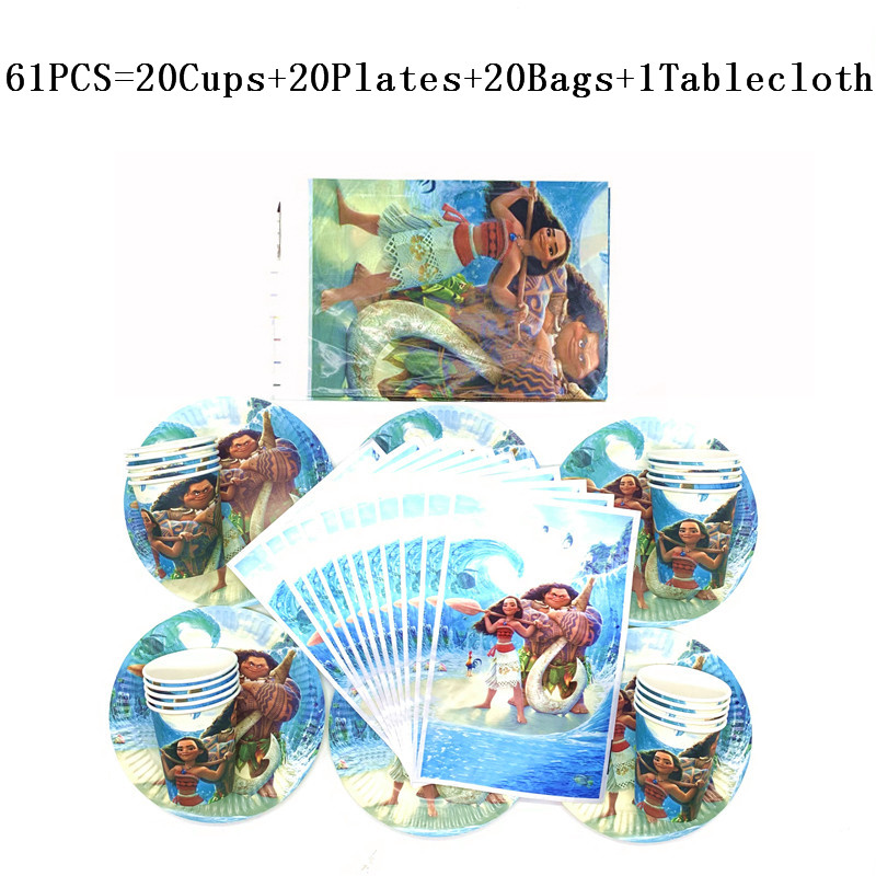 61Pcs Disney Moana Theme Kids Birthday Party Decorations Cups Plate Tablecloth Festival Gift Bags Moana Tableware Supply