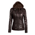 Plus Size Womens Jacket Winter Faux Leather Hooded Jacket Zippered Hoodie Outwear Slim Motorcycle Leather Jacket Coat