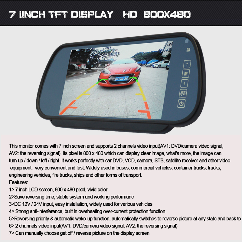 7Inch Screen TFT LCD display Car Rear View Mirror Monitor car monitor Auto Vehicle Parking Rearview For Reverse HD Two inputs