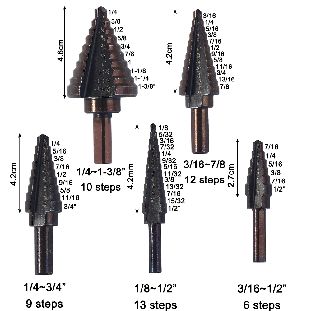 Step Drill Bit Set Hss Cobalt Multiple Hole 50 Sizes SAE Step Drills 1/4-1-3/8 3/16-7/8 1/4-3/4 1/8-1/2 3/16-1/2 Drill Bits