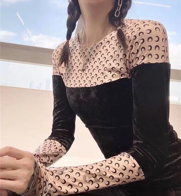 2020 Autumn Winter New Pattern Moon Print Splicing Velvet Self Cultivation Show Thin Versatile Personality Undershirt Women M2