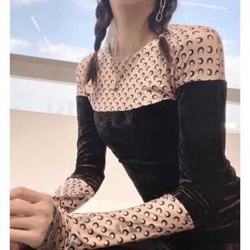 2020 Autumn Winter New Pattern Moon Print Splicing Velvet Self Cultivation Show Thin Versatile Personality Undershirt Women M2