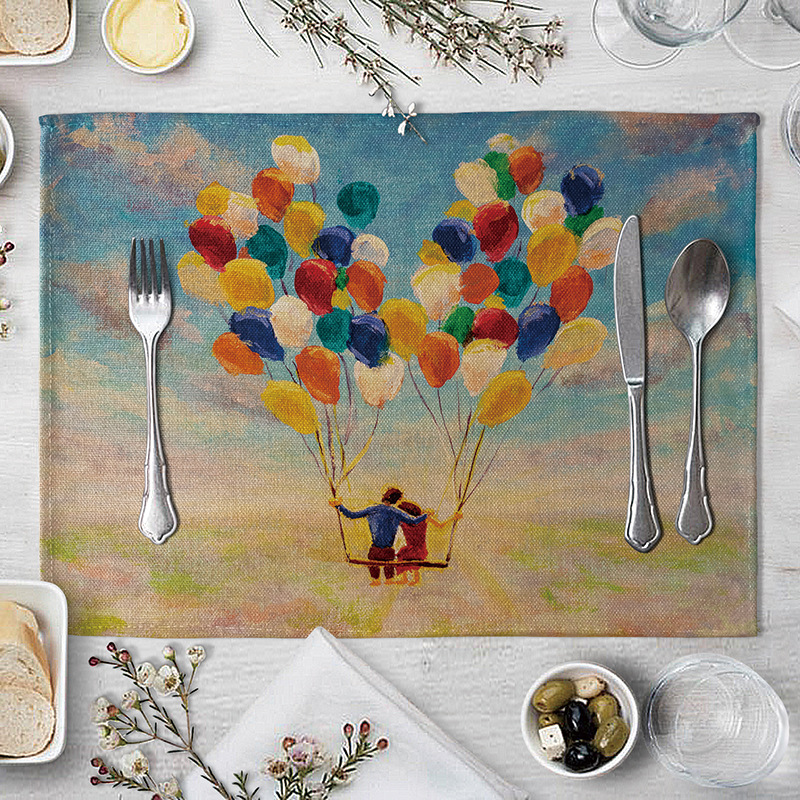 Cartoon Pattern Placemat Dining Table Mat Drink Coasters Balloon Landscape Western Pad Cotton Linen Cup Mat