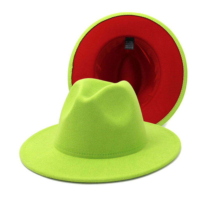 QBHAT Lime Green and Hot Pink Patchwork Jazz Felt Hat Women Men Wide Brim Faux Wool Panama Fedora Hats Party Formal Hat