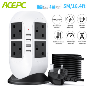 Power Strip Tower 4 USB 8 Outlets 5M/16.4ft Bold Extension Cord 2500W 10A 250V Charger Hub Electrical Socket UK Surge Protector