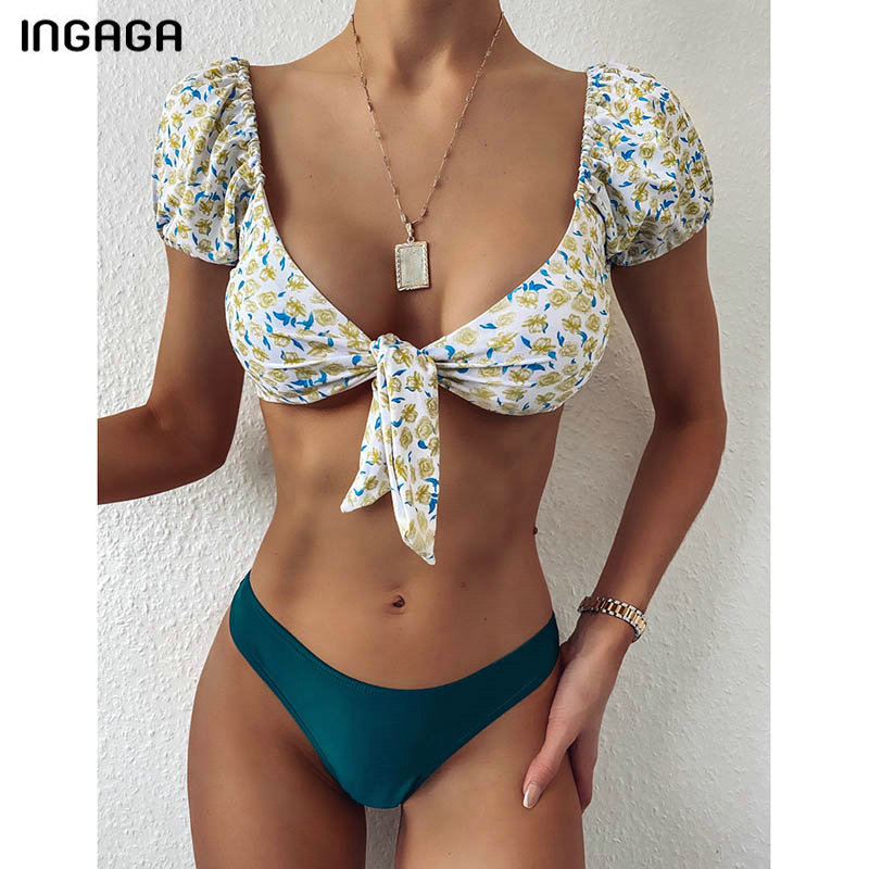 INGAGA Leopard Bikini Set 2021 Push Up Swimsuits Short Sleeve Biquini Swimwear Sexy Bow Brazilian Bikinis Beachwear Bathing Suit