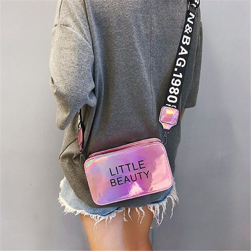 Fashion Laser Color Women Shoulder Bags Popular Girls Letter Handbag Messenger Bags Lady Crossbody Bag with Wide Strap