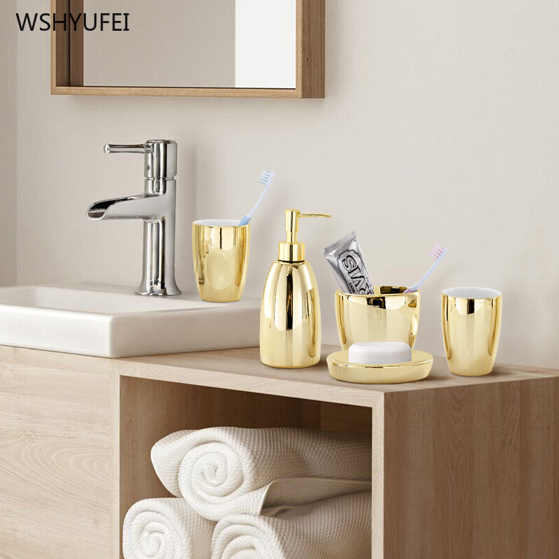 Light luxury European creative golden home wash set ceramic bathroom toilet toothbrush holder mouth cup soap bottle soap dish