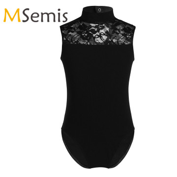 Kids Girls Gymnastics Leotard Jumpsuit Bodysuit Sleeveless Turtle Body Fitness Clothing Neck Lace Back Ballet Dance Costsume