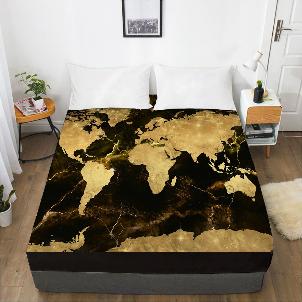 1pc 3D Fitted Sheet With Elastic Bed Sheet 135/150/180/200/160x200 Mattress Cover Double Queen King Home textile black gold map