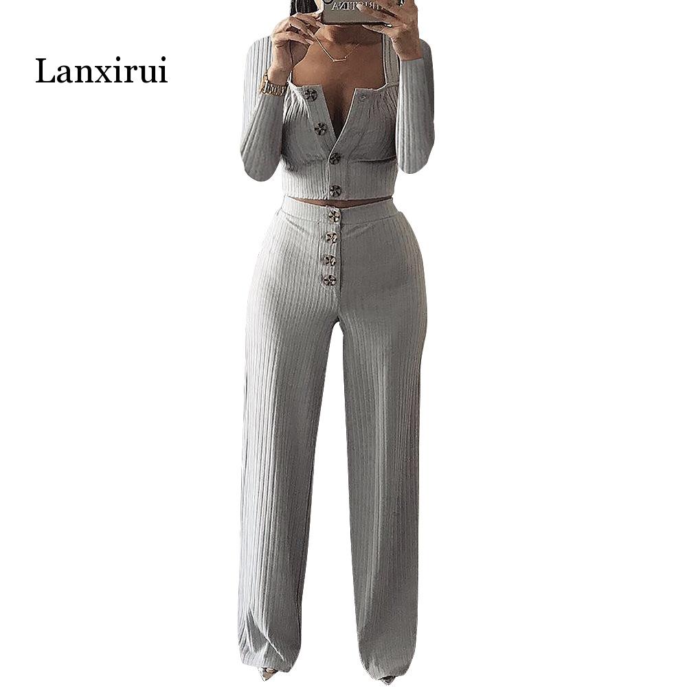 Autumn Women Knitted Rib Sexy 2 Piece Set Women Winter Casual Gray Matching Sets Outfit 2 Piece Set Elegant Straight Pants