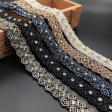 1Yard Black Blue Pearl Beaded Lace Trim Rhinestone Collar Ribbons African Lace Sewing Materials Crafts For Clothes Wedding Dress