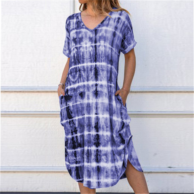 Women New Summer Casual Dress Short Sleeve 2020 Tie-dye Print Mid Long Dress V-Neck Side Splited Pockets Dress Big Size Vestidos