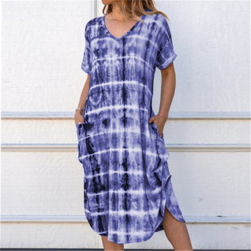 Women New Summer Casual Dress Short Sleeve 2020 Tie-dye Print Mid Long Dress V-Neck Side Splited Pockets Dress Big Size Vestidos