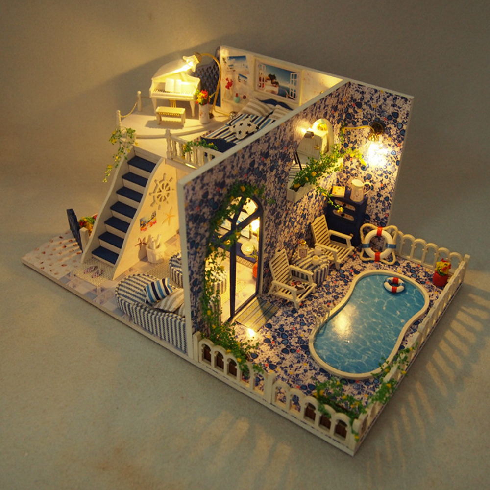 Diy Doll House Wooden Miniature Doll Houses Furniture Kit Box Puzzle Assemble Villa Pool Beach Dollhouse Toys For Christmas Gift