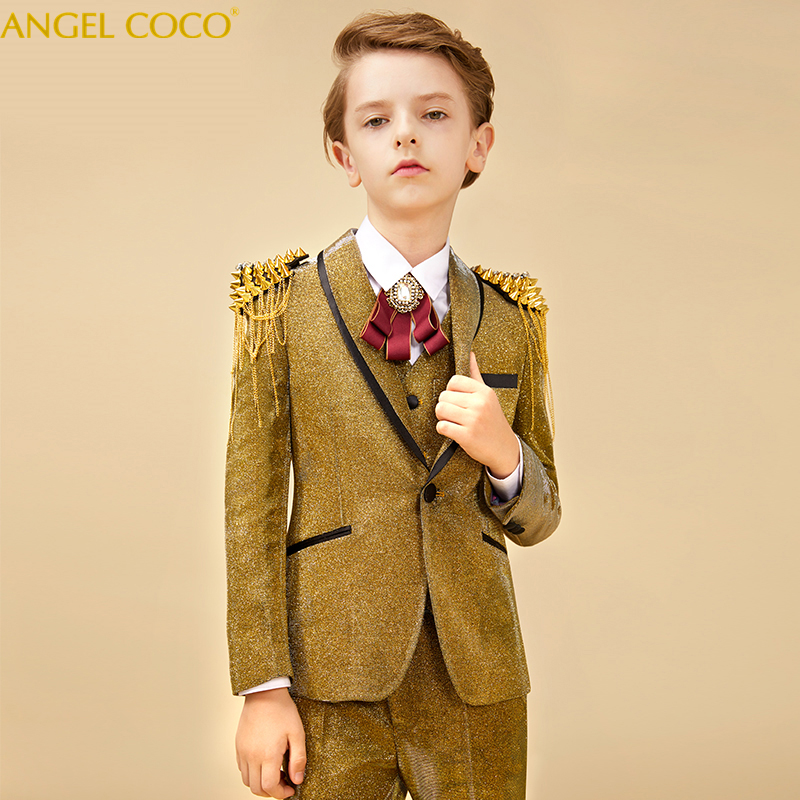 Golden Children'S Boy Suits Blazers Glittering Suits Wedding In The Big Child Flower Girl British Dress Bling Jacket Garcon