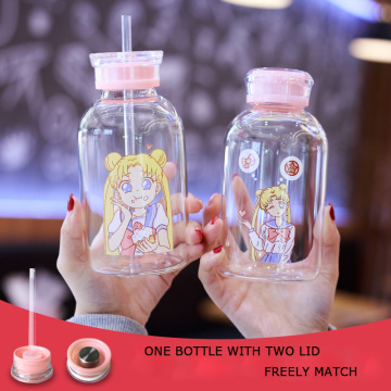 Creative small Cut cartoon beautiful girl water cup with straw cup bottle wholesale single-layer glass 450ml 700ml drinking sets