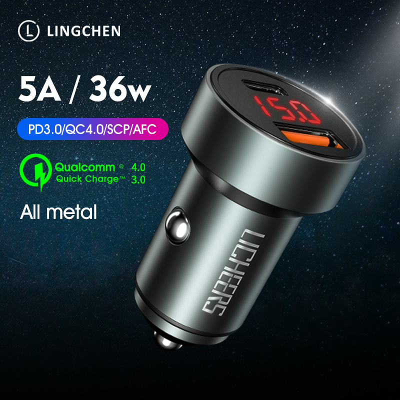 LINGCHEN Car Charger 36W Quick Charge 4.0 3.0 Metal Dual USB For iPhone Xiaomi HUAWEI Samsung USB Type C 5A PD Fast Car Charger