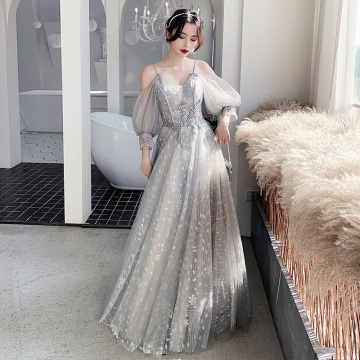 Bridesmaid Dresses Gray Appliques Sequin Wedding Guest Dress Sexy V-Neck Sleeveless Vestidos Floor Length Elegant Gowns R070