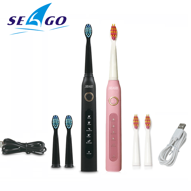 Seago Sonic Electric Toothbrush Adult Timer Brush USB Rechargeable Tooth Brushes with 3pcs Replacement Heads