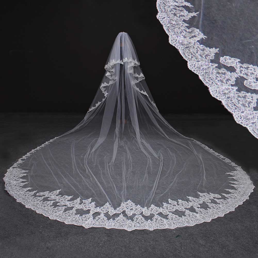 Luxury 5 Meters Bling Sequins Full Edge Lace Two Layers Wedding Veil with Comb Long Bridal Veil Veu De Noiva
