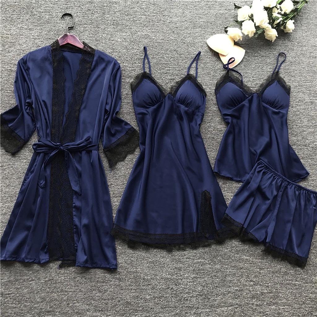 ZITY Pyjamas For Women Satin Sleepwear Real Silk 4 Pieces Nightwear Pyjama Sets Lace Sleep Lounge robe sets