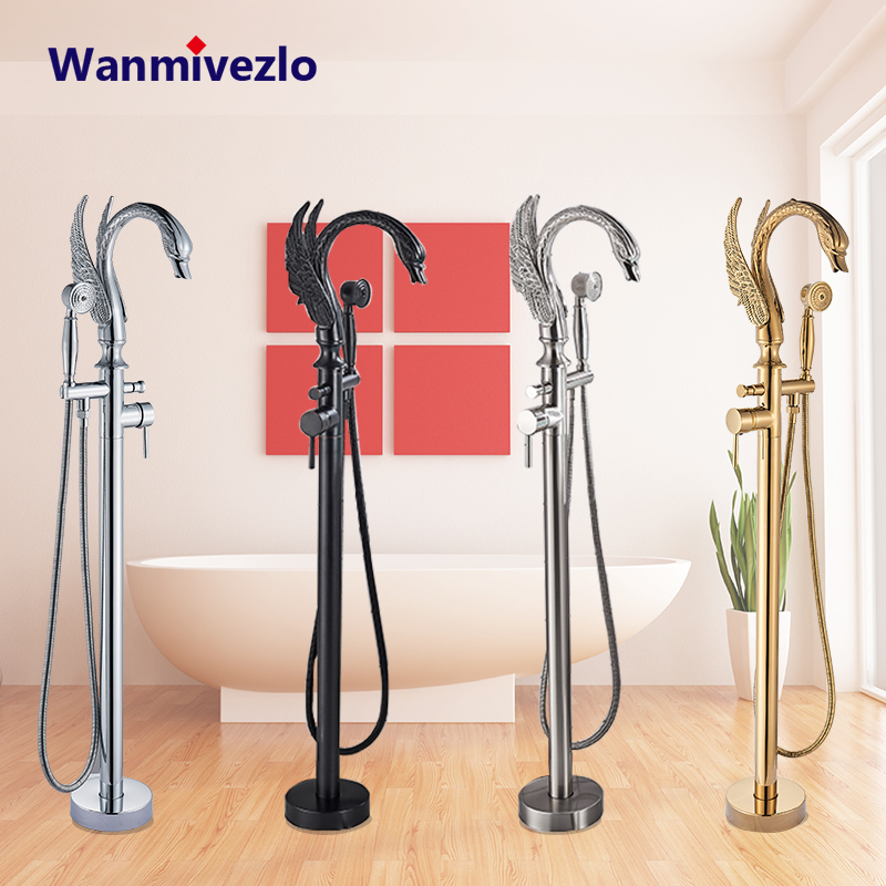 Swan Shape Spout Bathtub Faucet Freestanding Bathroom Bath Tub Mixer Tap Single Handle With Handshower Floor Mounted Bath Shower