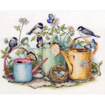 Gold Collection Lovely Counted Cross Stitch Kit Birds Bird Nest Butterflies Butterfly and Watering Pot Garden