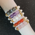 High-fashion Multi Color Natural Stone Wedding Rings for Women All Handmade Elastic Rope Chain Pearls Moonstone Beaded Rings