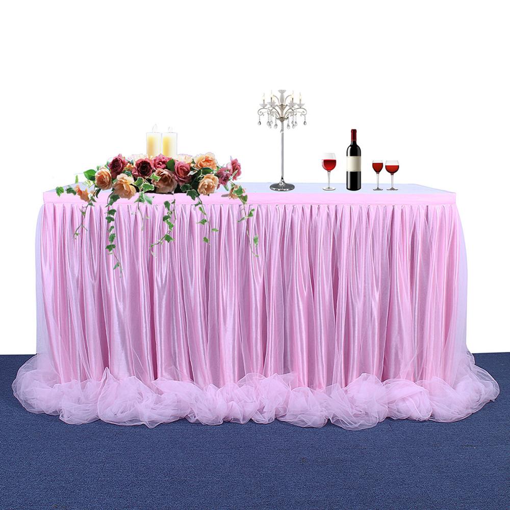 6ft/9ft/14ft Thread Ribbon Tulle Table Skirt For Party Wedding Decoration White Pink Blue 3 Colors To Choose