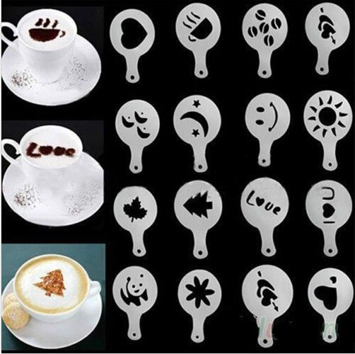 16Pcs/set Lovely Coffee Mould Stencils Cappuccino Coffee Barista Stencils Template Strew Pad Duster Spray Tools