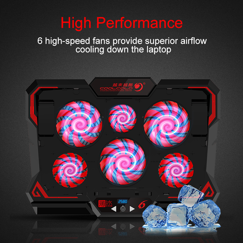 COOLCOLD 15.6 inch Gaming Laptop Cooler Six Fan Led Screen 2600RPM Laptop Cooling Pad Notebook Stand for Laptop