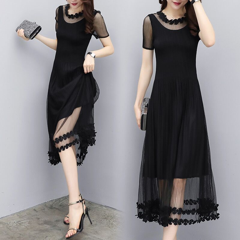 Summer Short Sleeve Knee-length A-line O-neck Chiffon Fake Two-piece Suit Floral Elegant Plus Size Black Cocktail Dresses 939