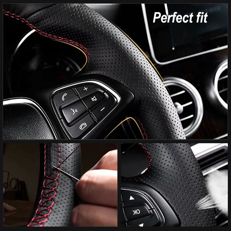 APPDEE Black Genuine Leather Hand-stitched Car Steering Wheel Cover for Suzuki Jimny