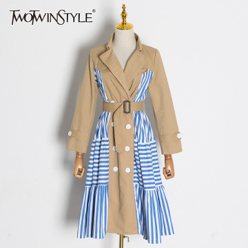 TWOTWINSTYLE Casual Patchwork Striped Trench Coat Female Lapel Collar Long Sleeve High Waist Lace Up Windbreaker Women 2020 Tide