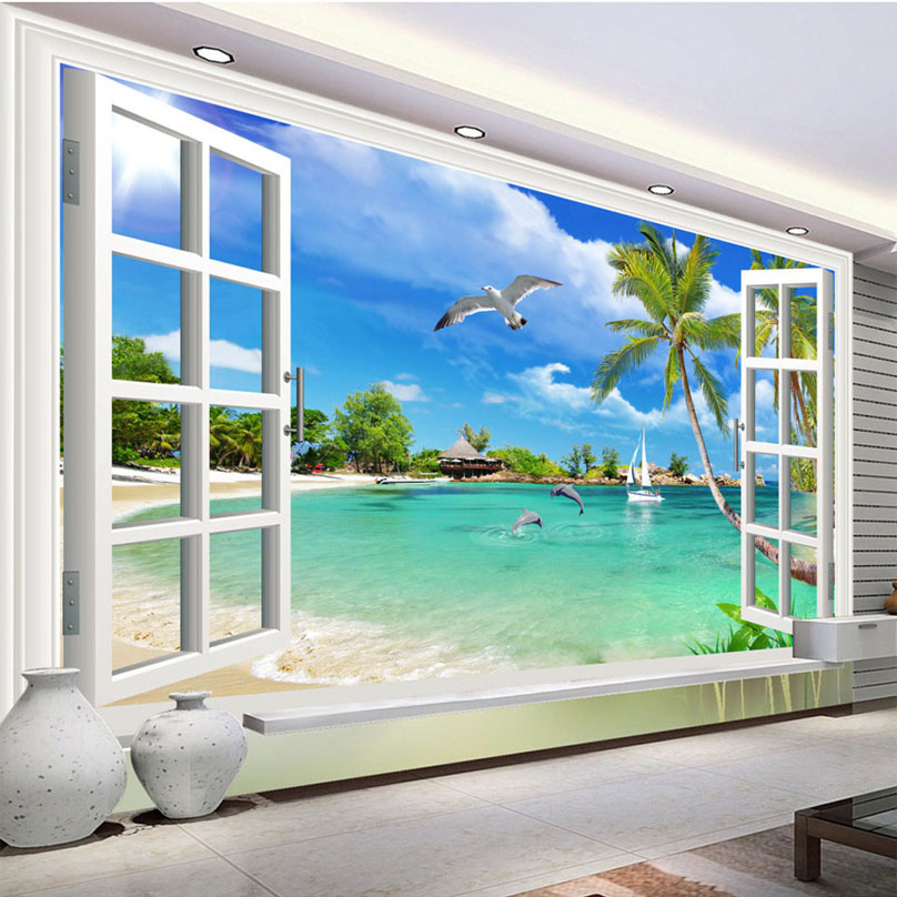 Custom 3D Photo Wallpaper Window Beach Scenery Bedroom Living Room Sofa TV Background Wall Covering Mural Wallpaper For Walls 3D