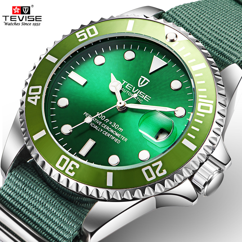 Tevise Brand Green Dial Mens Watches Automatic Clock Men Luminous Waterproof Date Male Mechanical Watch NYLON StrapWristwatch