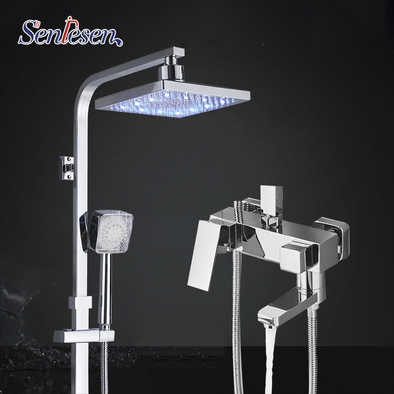 Senlesen Shower Faucet Chrome 8 inch Led Shower Head LED Hand Shower Single Handle Mixer Water Tap Para Bathroom Shower Bath