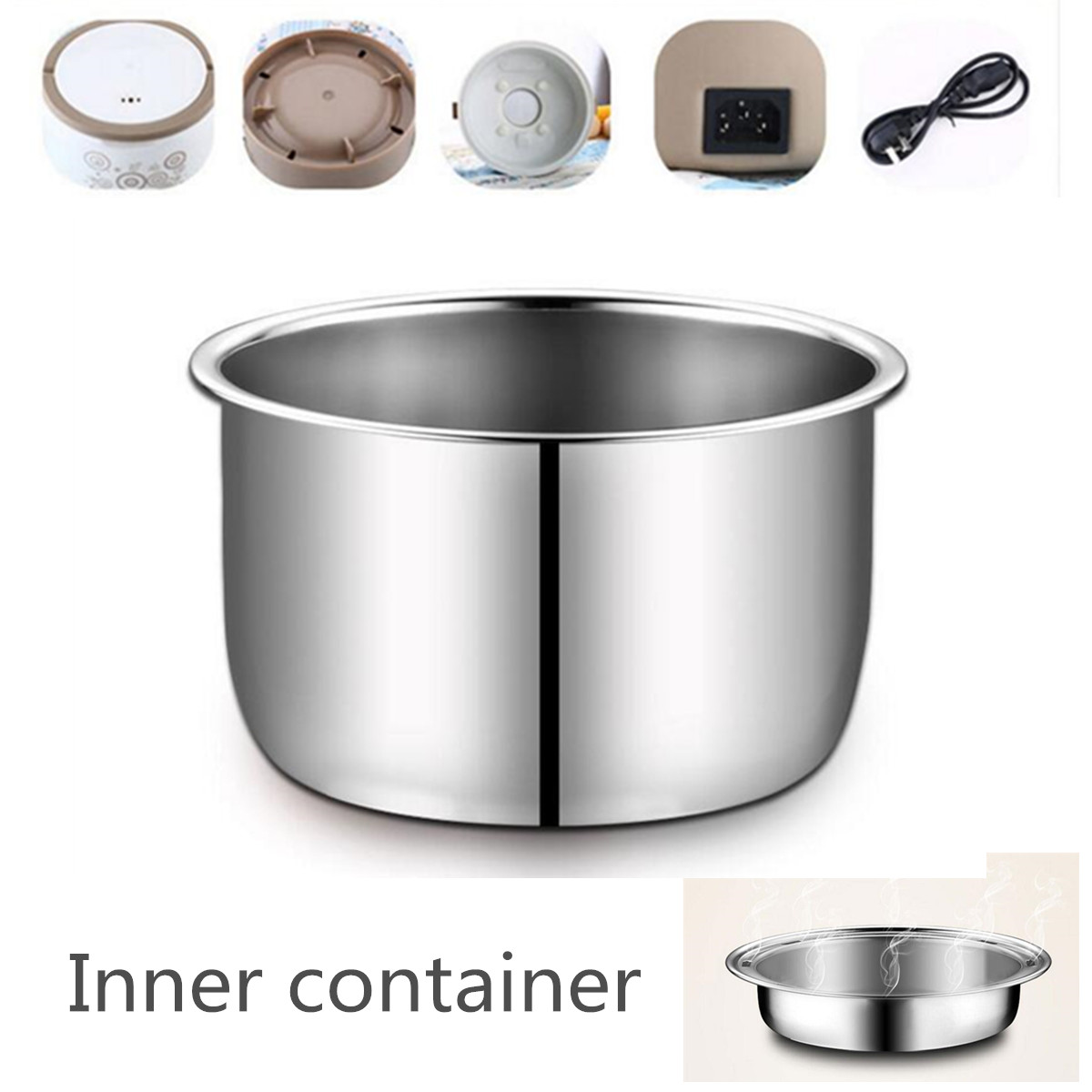 2L Mini Stainless Steel 3 Layers Electric Rice Cooker Steamer Portable Meal Thermal Heating Lunch Box Food Container Warmer