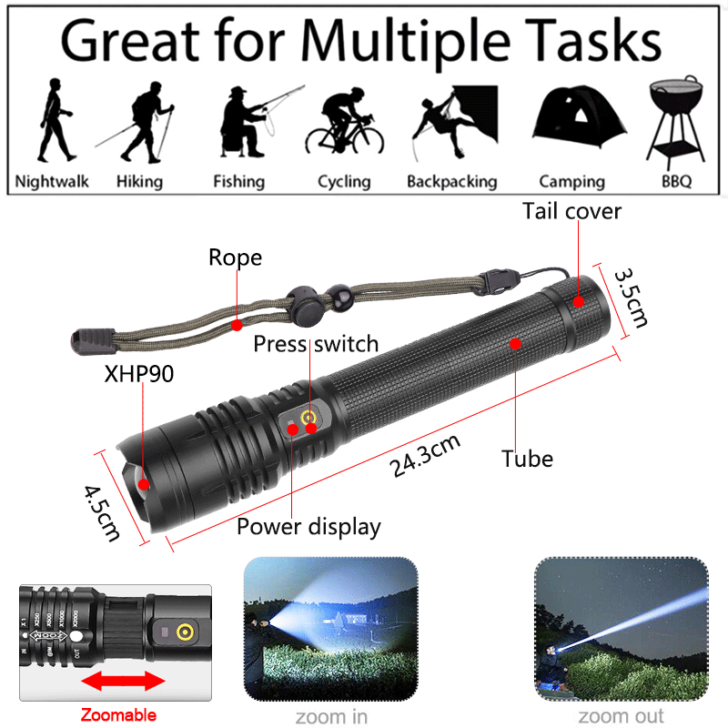 XHP90.2 Brightest Led Flashlight P90 Zoom Flashlights Torch Lantern Use 18650 26650 Battery XHP50.2 XHP70.2 Flash Light