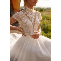 Vintage Boho Wedding Dress Lace Tulle High Neck Cap Sleeves A Line Bohemian Bridal Gowns 2021 Ivory ELegant Bride Dress