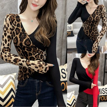 Tshirt Women V-neck Long Sleeve Leopard Print Mesh Stitch Casual Tops T-shirt Poleras Camiseta Mujer Top Women Harajuku T Shirt