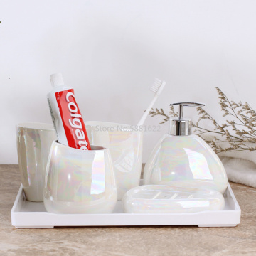 Japanese-style Simple Aurora Matte White Ceramic Bathroom Set of Five Lotion Bottle Toothbrush Holder Soap Dish Bathroom Kit