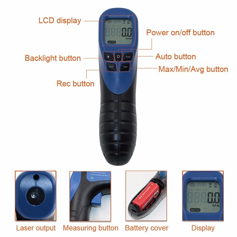 Digital Laser Tachometer Noncontact LCD Backlight Handheld Measuring Instruments Engine RPM Tach Motor Tester Meter Speed Gauge