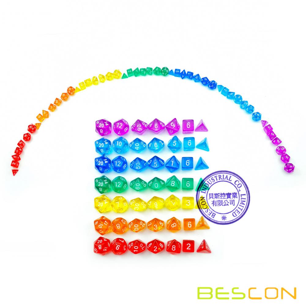 Bescon 49pcs Rainbow Gem Mini Polyhedral Dice Set in Long Tube, Rainbow Dungeons and Dragons RPG Dice 7X7pcs, Mini Gem Dice Set