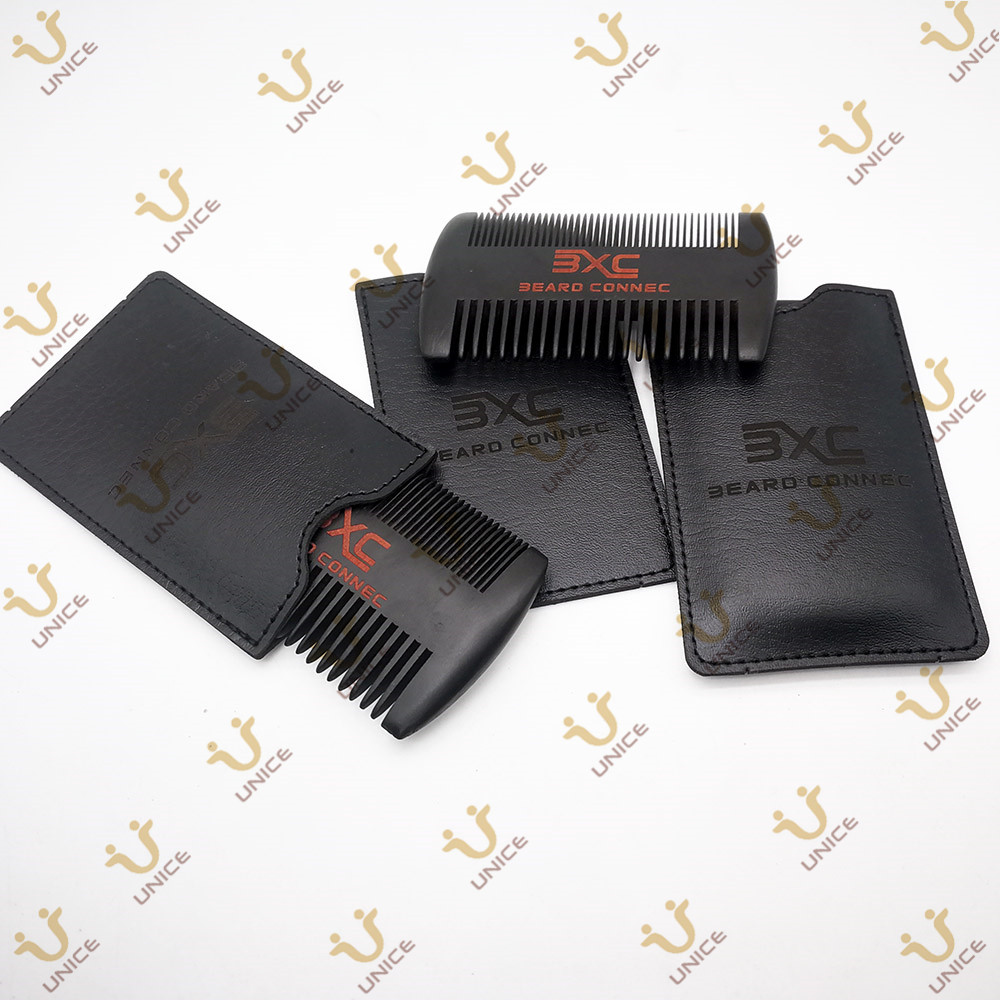 50 pcs/lot Customized LOGO Dual Sides Fine & Coarse Tooth Black Beard Combs With Leather Case Wood Comb For Men Hair Beard Care