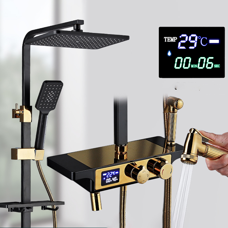 Luxury black and gold bathroom shower set rainfall gold black bath shower faucet digital shower thermostatic constant shower